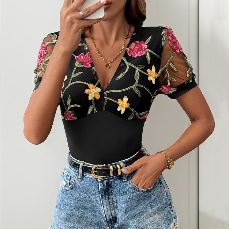 Women's New Summer V-neck Mesh Splicing Jacquard Jumpsuit
