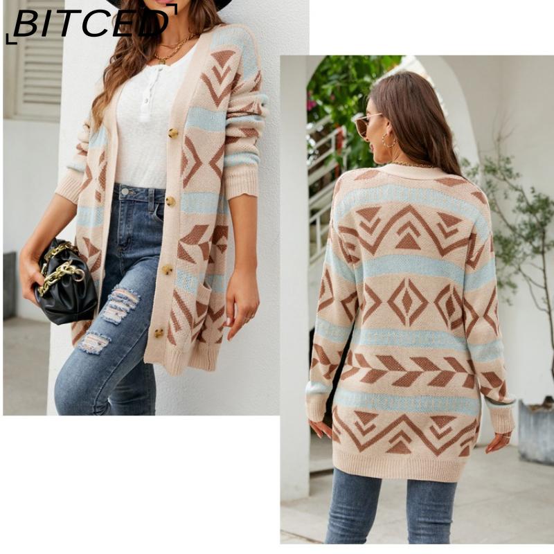 BITCED Autumn/Winter Women's Diamond-Patterned Oversized Knitted Cardigan Jacquard Mid-Length Sweater Coat