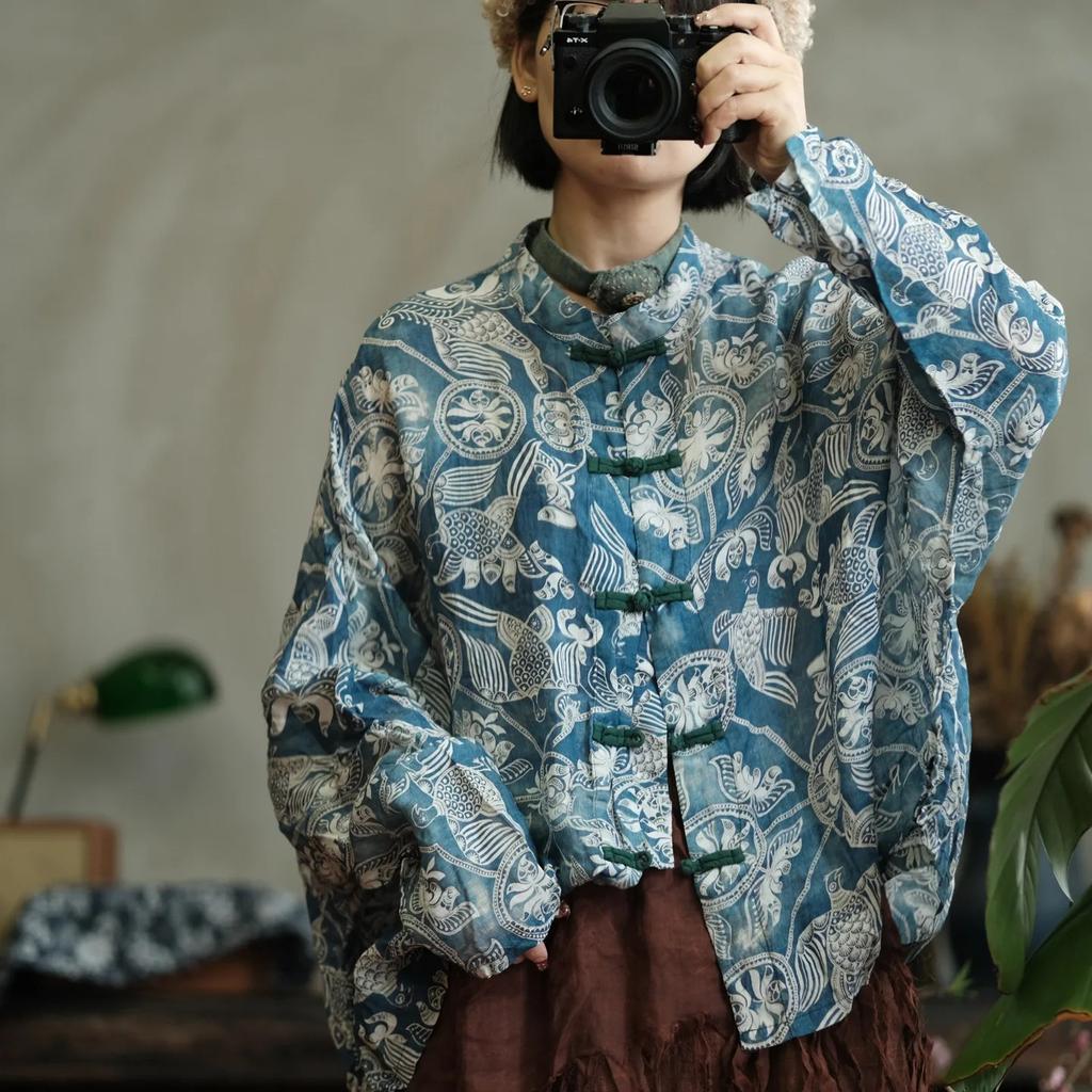 Johnature Camicie Vintage da Donna Top Primavera Stile Cinese Collo Alto Manica Lunga Stampa Floreale Bottoni Camicie Larghe