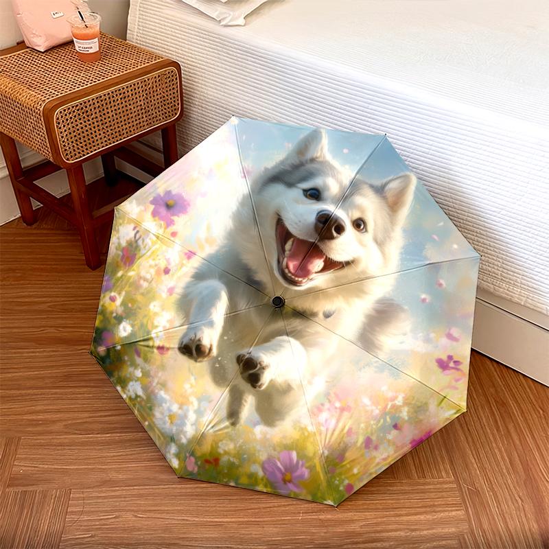 Husky and Grass pattern, automatic folding umbrella, portable and foldable design, 8 ribs, a Christmas or birthday gift.
