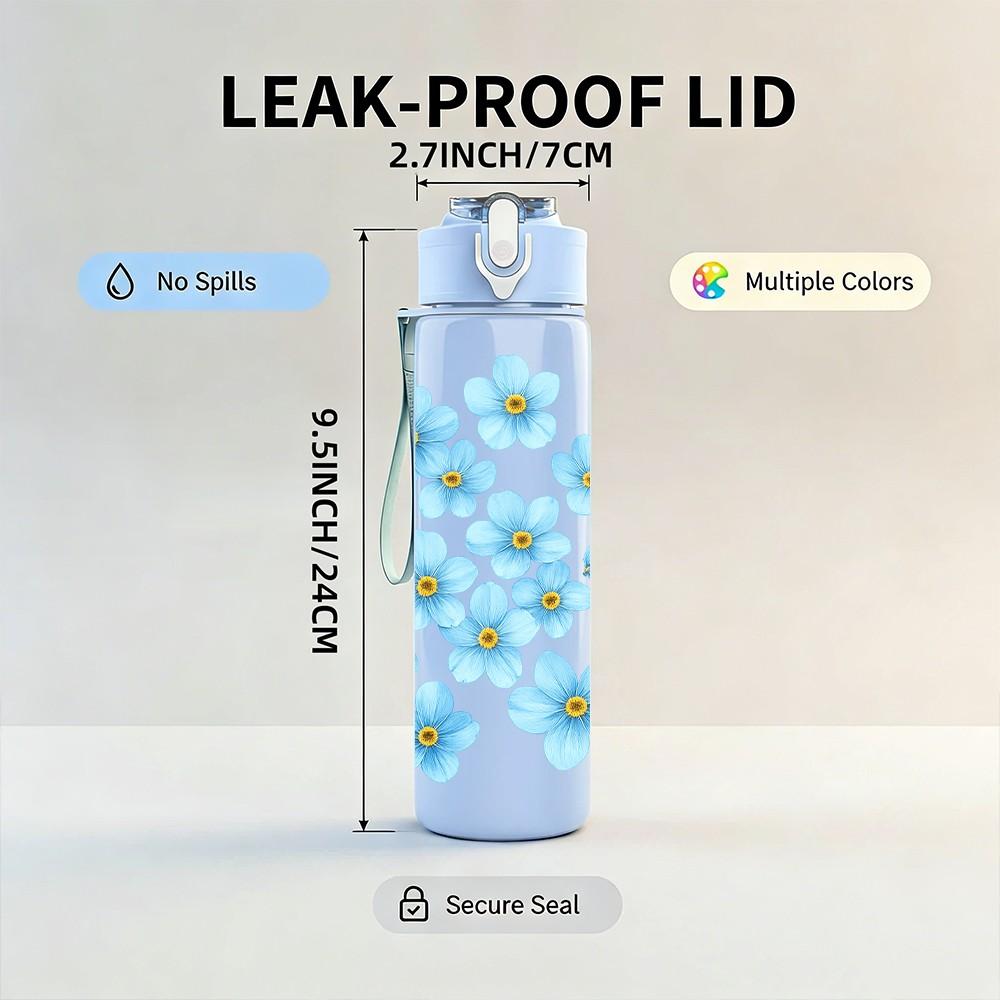 1PC Light Blue Small Flower 750ml Color Plastic Sports Water Bottle Leakproof Flip Straw Lid Suitable for Sports Office Home Use