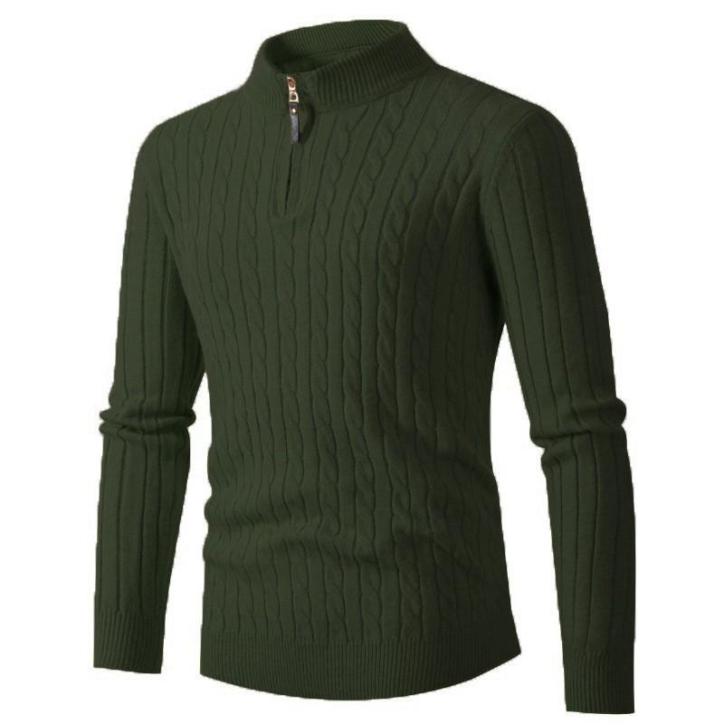 British Style Half Zip Stand Collar Mens Twisted Thick Knit Sweater