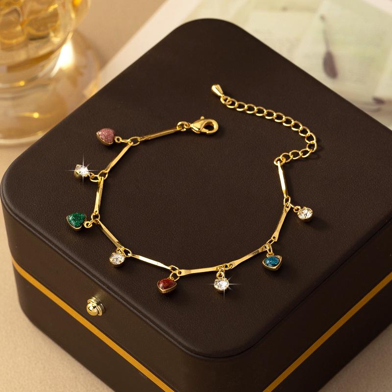 Vintage Bohemian Rainbow Heart Necklace & Diamond-Studded Bracelet Set