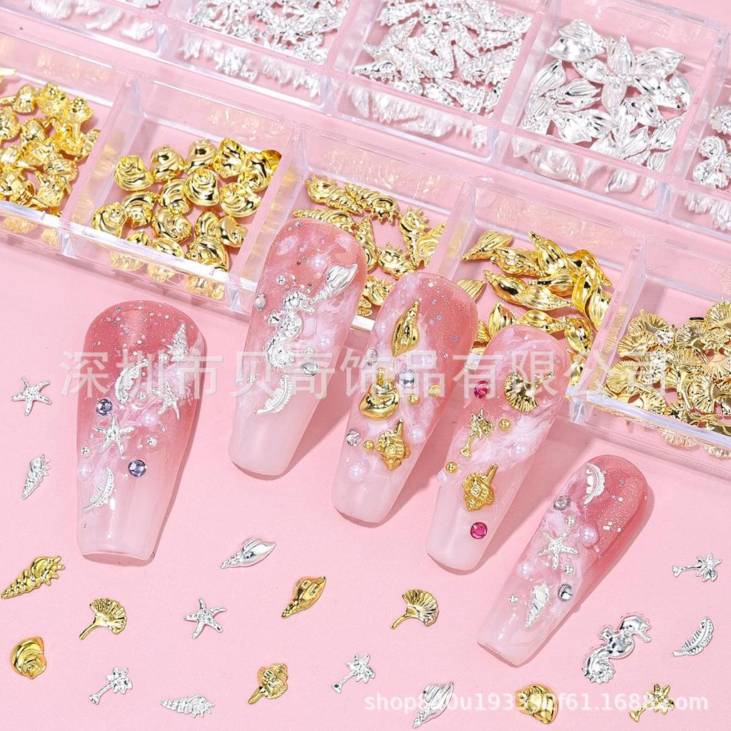 Ocean Style Gold & Silver Nail Art Rivet Set: Seahorse, Seashell, Starfish Designs