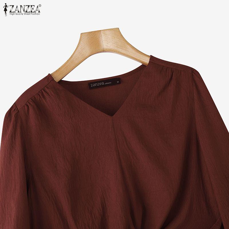 ZANZEA Blusa Casual Larga de Manga Larga Lisa con Cuello en V para Mujer