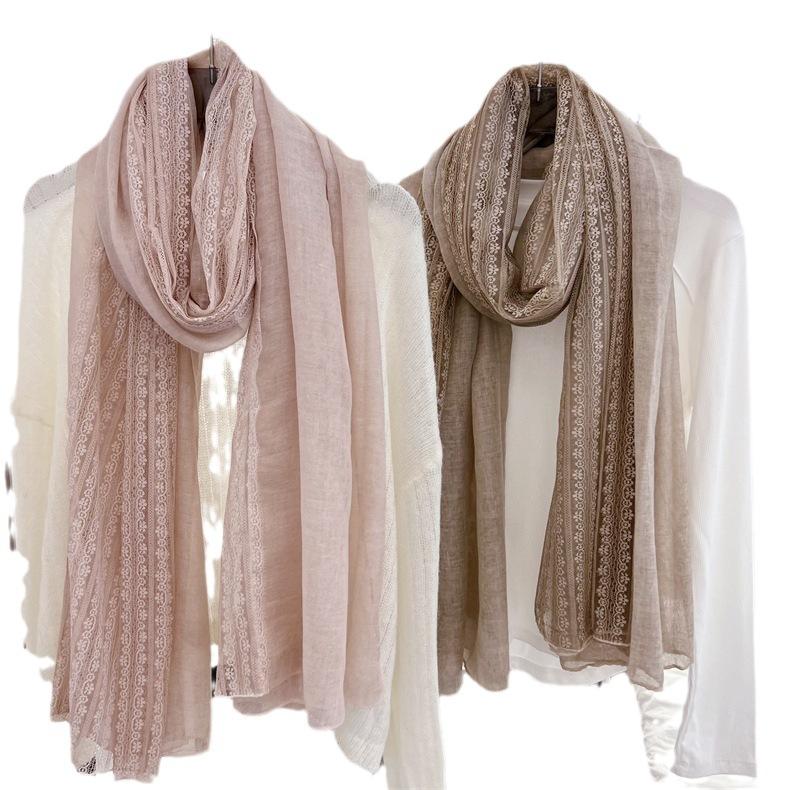 Korean Style Literary Linen Color Cotton Linen Thin Scarf Fashionable Women's Outer Shawl Spring and Summer Fashionable Solid Color Lace Scarf