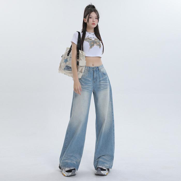 

Vintage Wash Wide-Leg Denim Jeans - Floor-Length, Loose Fit, Slimming Style for Spring/Summer Large