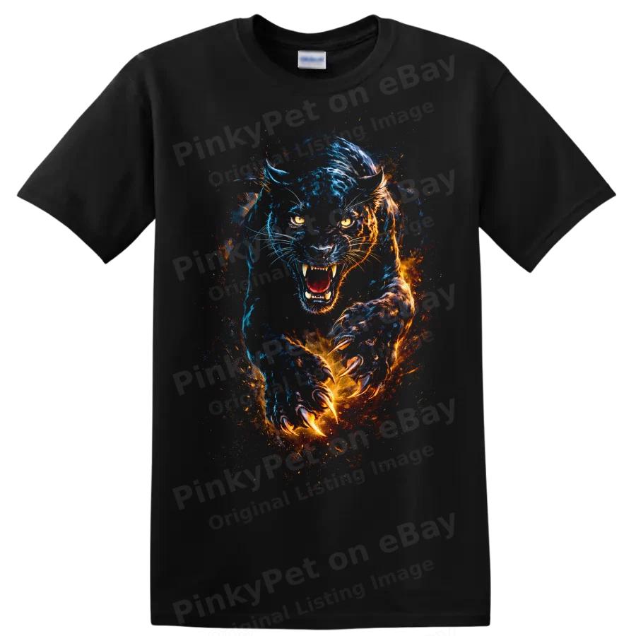 Fierce Animal Graphic T Shirt with Roaring Panther Fire and Ice Colors Tee