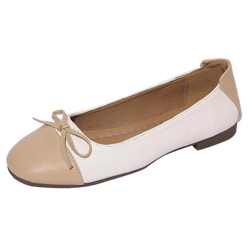 Fashion Round Toe Shallow Mouth Spliced Bow Slip-on Soft Non-Slip Wear-Resistant Square Heel Single Shoes