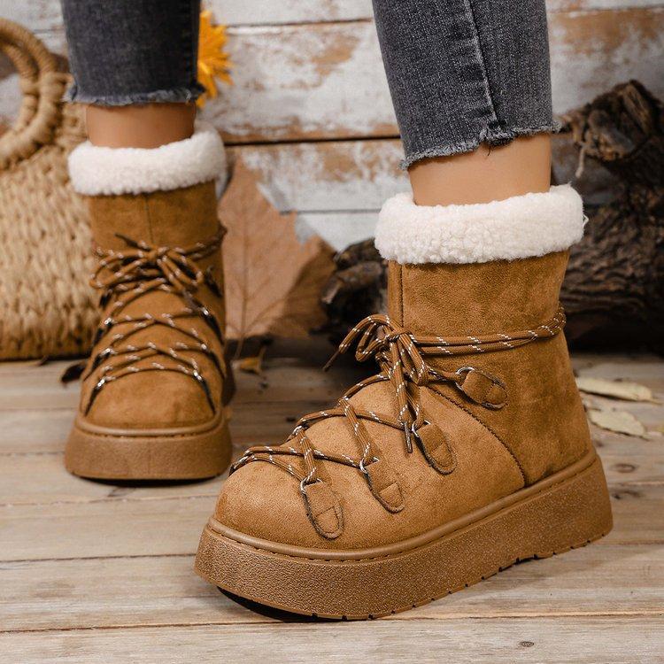 Women's Plus Size Lace Up Platform Snow Boots Winter New Short Ankle Warm Fleece Lined Cotton Boots