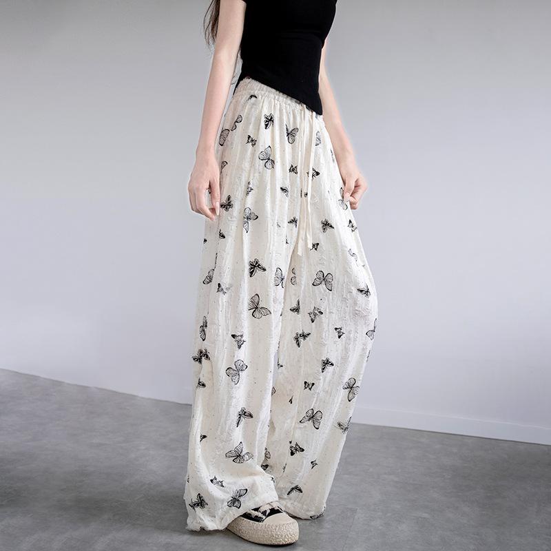 

Женские брюки с широкими штанинами из рваного ледяного шелка с принтом бабочек для лета, с высокой посадкой, драпирующиеся, повседневные, ленивые, слегка прямые, широкие штанины XL