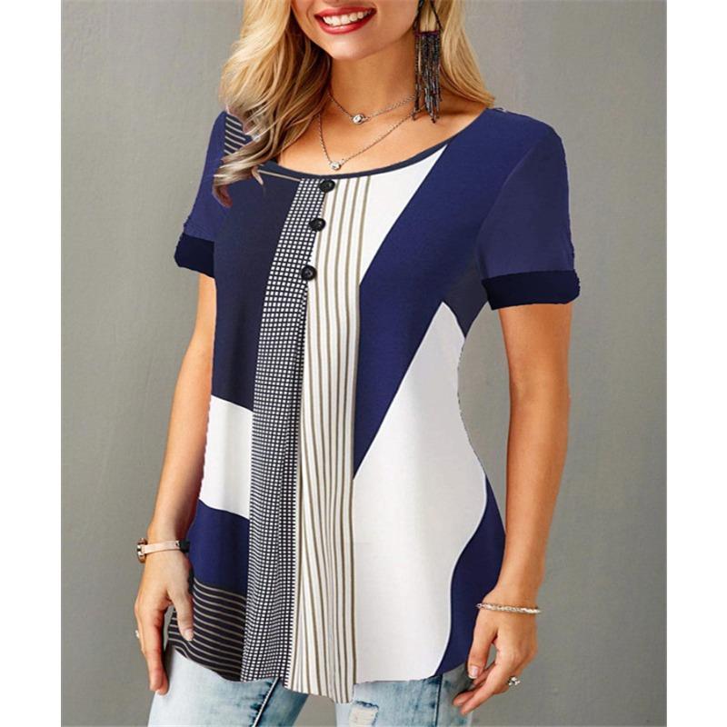 Léto Ženy Volné Topy pro volný čas Korejské Dámské Pruhované Mřížkové Potištěné O Krk Krátké rukávy Nadměrná velikost Maminka Šifonová trička