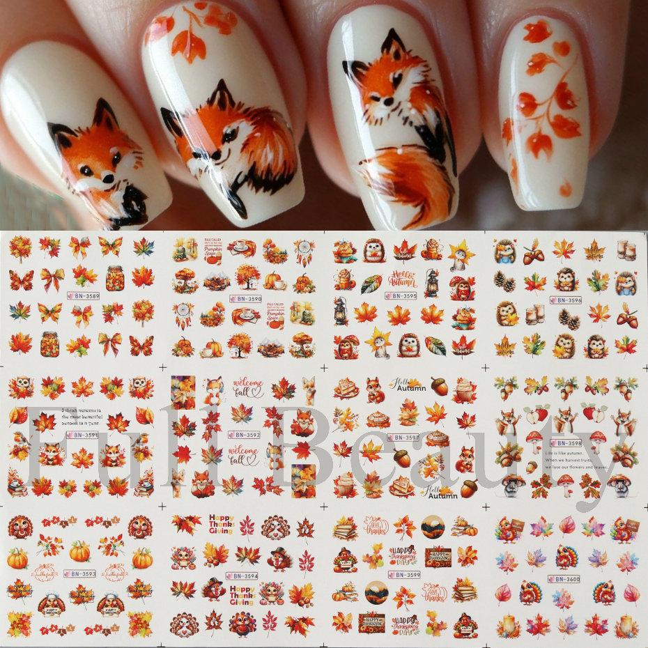 Nail Art Stickers Ins Autumn Gold Falling Maple Leaf Fox Owl Nail Water Transfer Sticker