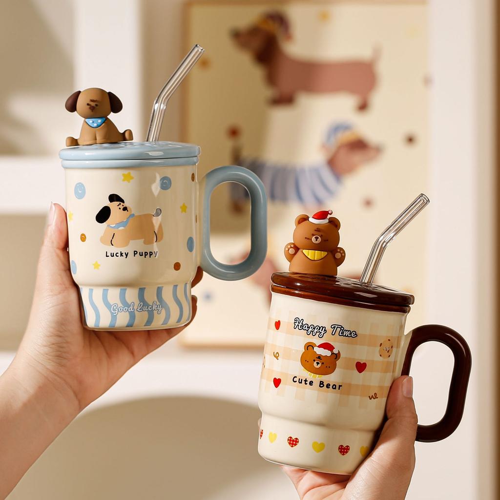 Straw large-capacity mug with lid high-value cute animal ceramic cup household water cup couple gift