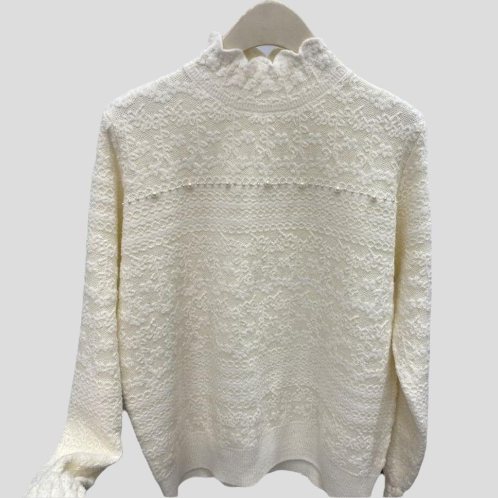 Women's Jacquard Knit Sweater Autumn Winter  Soft Warm Beads Slim-fit Pullover Knit Top Stretch Knit Sweater