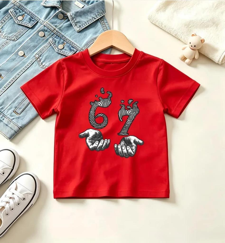 Kids White Short Sleeve T Shirt Sketch Hand Pattern Number 67 Graphic Print Crew Neck Boys Girls Casual Summer Tee