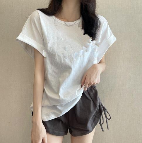 Women's Round Neck Flying Sleeve T-Shirt Loose Letter Printed Pullover Casual Korean Style Short Sleeve Top