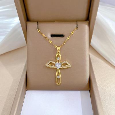 Collana Lusso Croce Angelo Rosa Scuro - Catena Clavicola in Acciaio Titanio per Donna Tendenza Moda