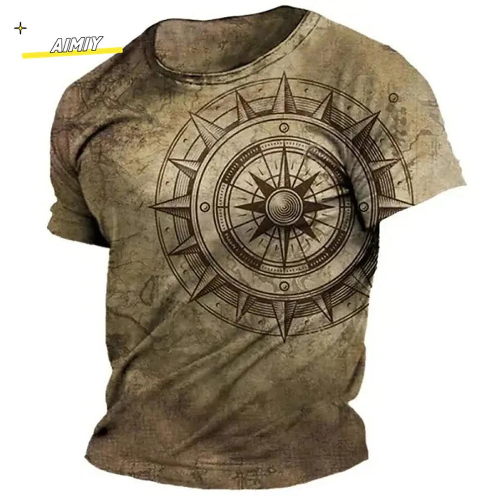 Vintage Summer Compass Pattern 3D Printed Short-sleeve Men's T-shirts Loose Daily Men Clothing Casual Streetwear