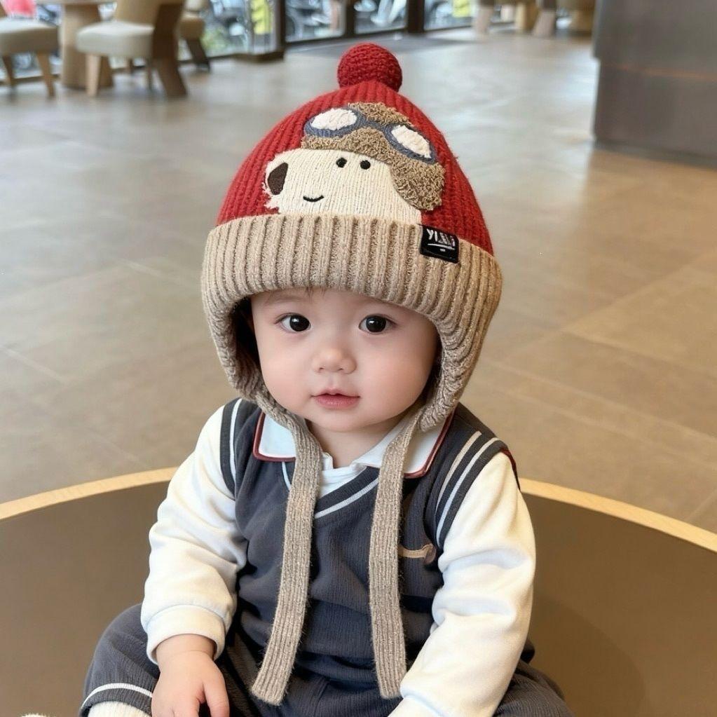 Outdoor wool hat for boys and children, cute thickened windproof ear protection, cute warm and cold winter baby hat pullover hat