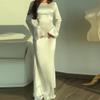 Women's Round Neck Long Sleeve Solid Colorwith Tie Back Elegant Long Dress 