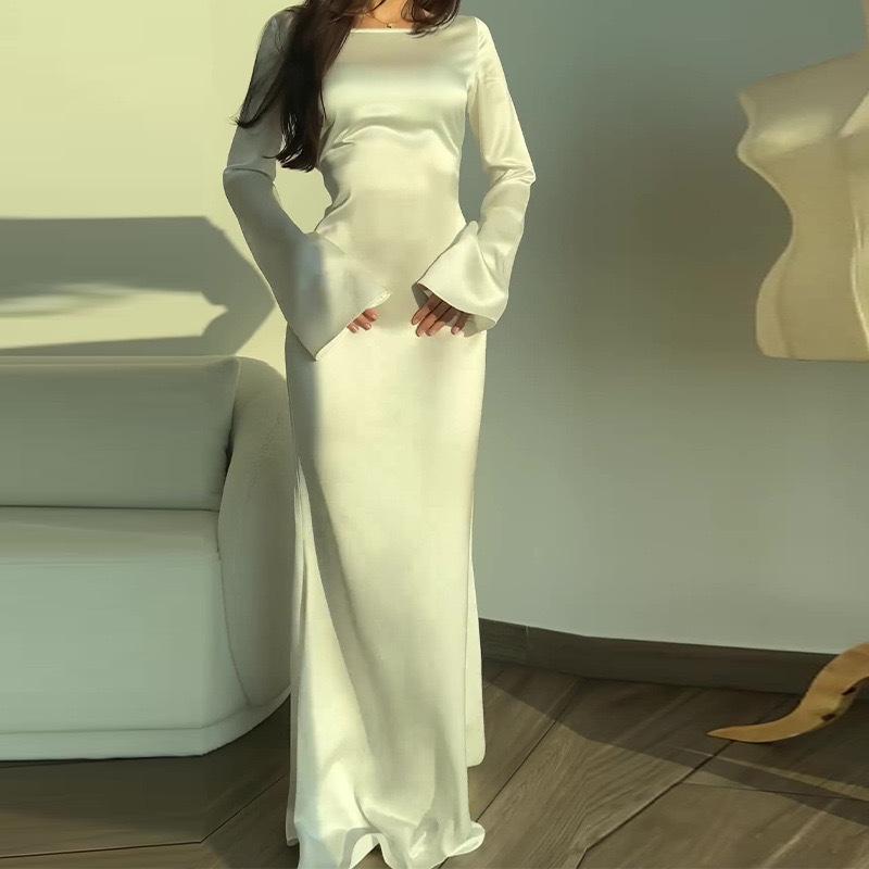 Women's Round Neck Long Sleeve Solid Colorwith Tie Back Elegant Long Dress 