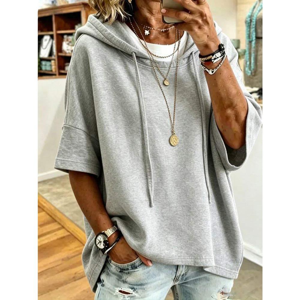 Women Solid Drawstring Hoodie, All-match Sports Pullover Top for Autumn Winter
