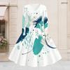 Women Plus Size V Neck Long Sleeve Printed A Line Dress White Teal Tie Waist Flared Midi