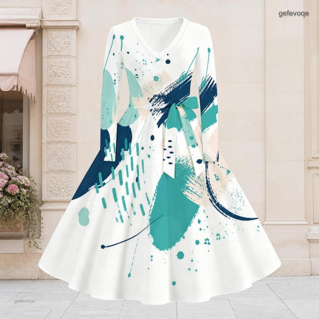 Women Plus Size V Neck Long Sleeve Printed A Line Dress White Teal Tie Waist Flared Midi