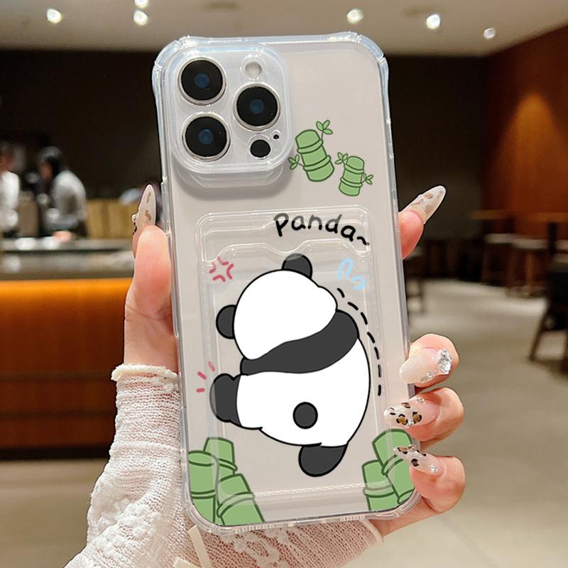 Card Slot Pocket Clear TPU Case For iPhone 17 16 Pro 17e 16e 15 14 13 12 Pro Max 11 Cartoon Panda Soft Silicone Phone Back Cover