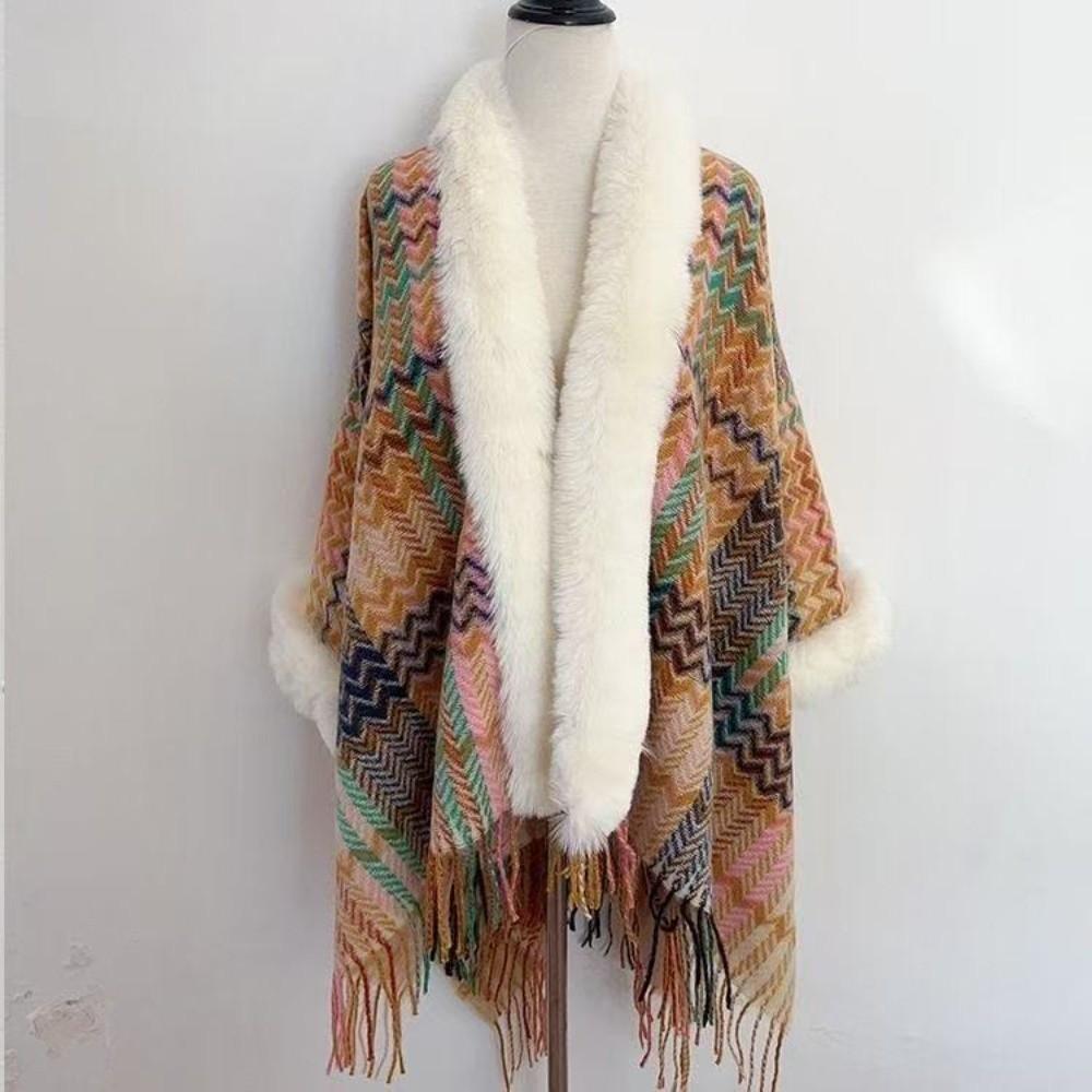 Winter Warm Faux Fur Collar Shawl Ethnic Style Striped Cardigan Tassel Shawl Artificial Wool Plush Knitting Wraps