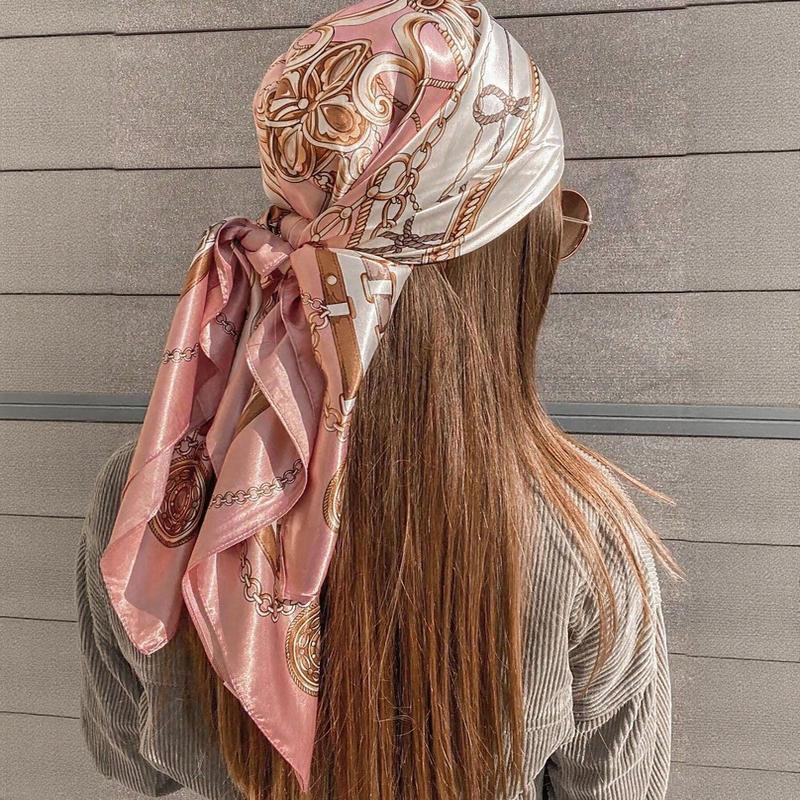 Satin Square Scarf Women Muslim Hijab Elegant  Print Silk Neckerchief Shawl Wraps Headband Handle Hair Accessories Bandana