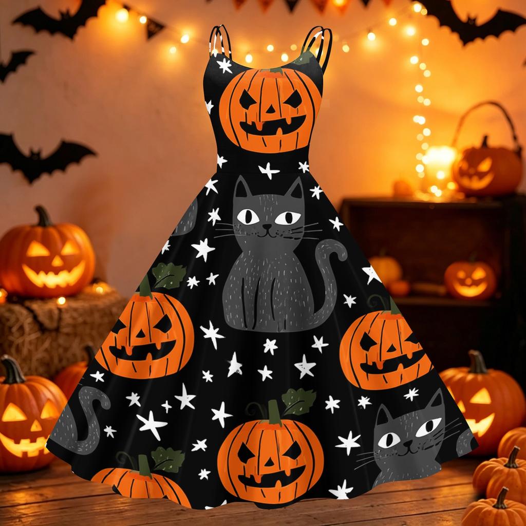 Womens Halloween Print Off Shoulder Dress Vintage Punk Party Dress Flared Skirt Sleeveless A Line Dress