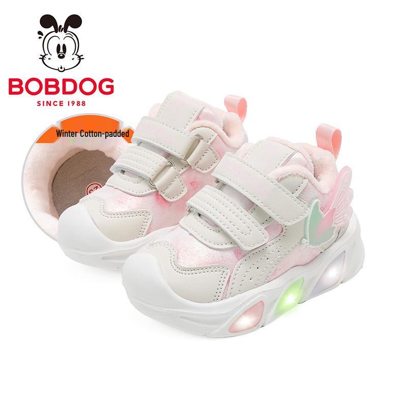 Bobodou Light-Up Girls' Toddler Shoes - 2025 New Style, Dual-Layer Cotton, Velvet-Lined for Autumn/Winter