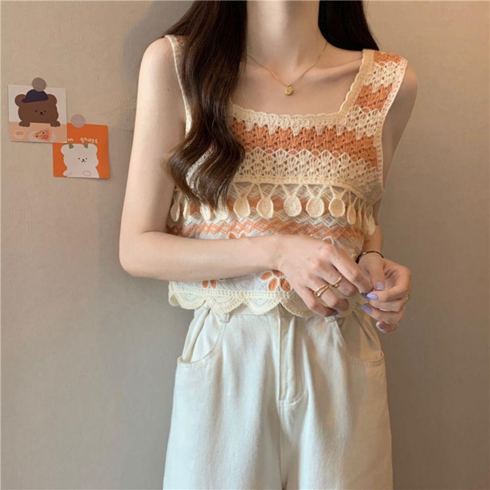 Knitted Crop Top Retro Short Top New Sleeveless Vest  Bohemia