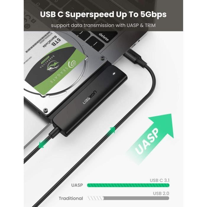 Adaptateur USB C vers SATA - UGREEN - HDD SSD 2,5 Pouces - 5Gbps - Supporte UASP - Noir