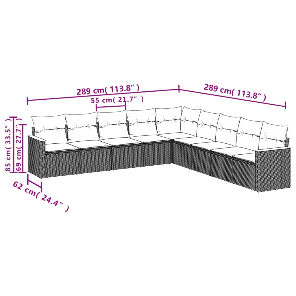Vidaxl 9-Cz. Garden Furniture Set With Cushions, Grey, Poly Rattan