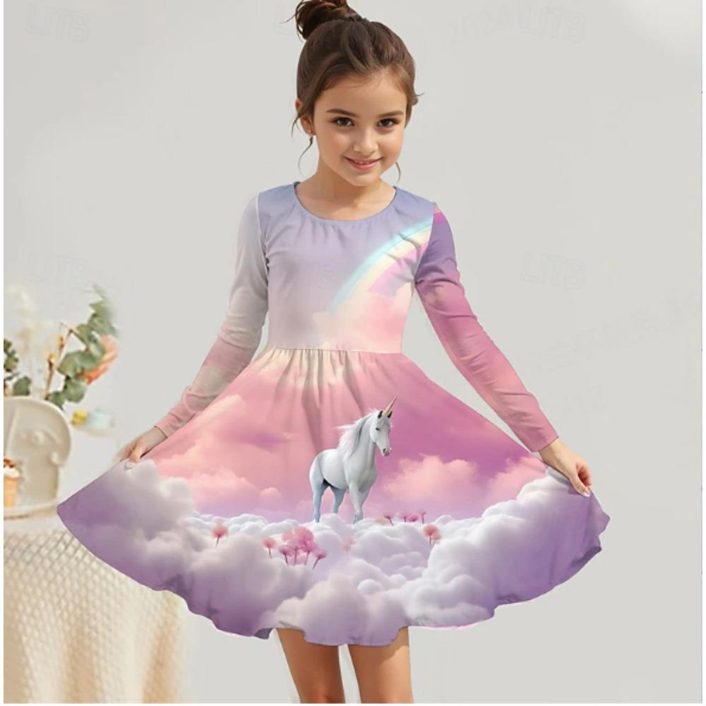 Mädchen Freizeitkleid mit 3D-Einhorn-Print, Rundhalsausschnitt, lange Ärmel, Kinder Prinzessinenkleid
