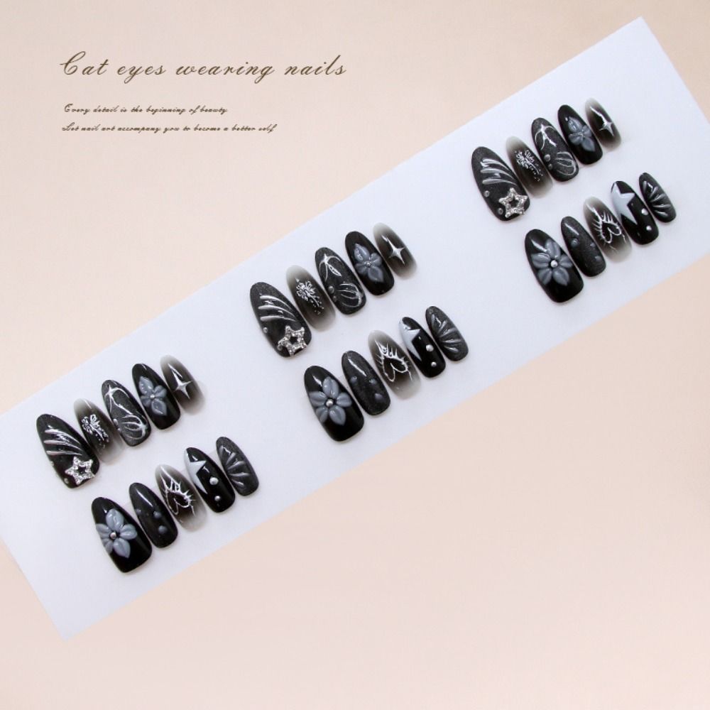 Manicure Long Almond False Nails Cat Eye Flowers with Heart-shaped Stripes Press on Nails Detachable French Nail Tips DIY
