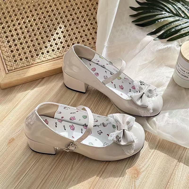 Girs Lovely Lolita JK Shoes 2025 New Women High Heels Pumps Sweet Lace Bow Round Head Thick Heel Mary Jane Single Shoes