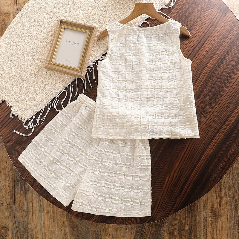 Mädchen 7-12J Anzug Kurzarm Kinder Sommer Neu Kurzarm Anzug Süße Spitze Ärmellose Weste + Top Shorts 2-teiliges Set