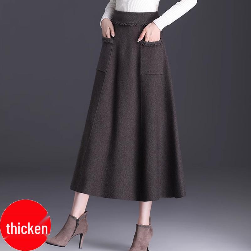 

В язана вовняна міді-спідниця А-силуету - Товста, плісована та така, що стрункішає, для осені/зими One Size 80-150 kg