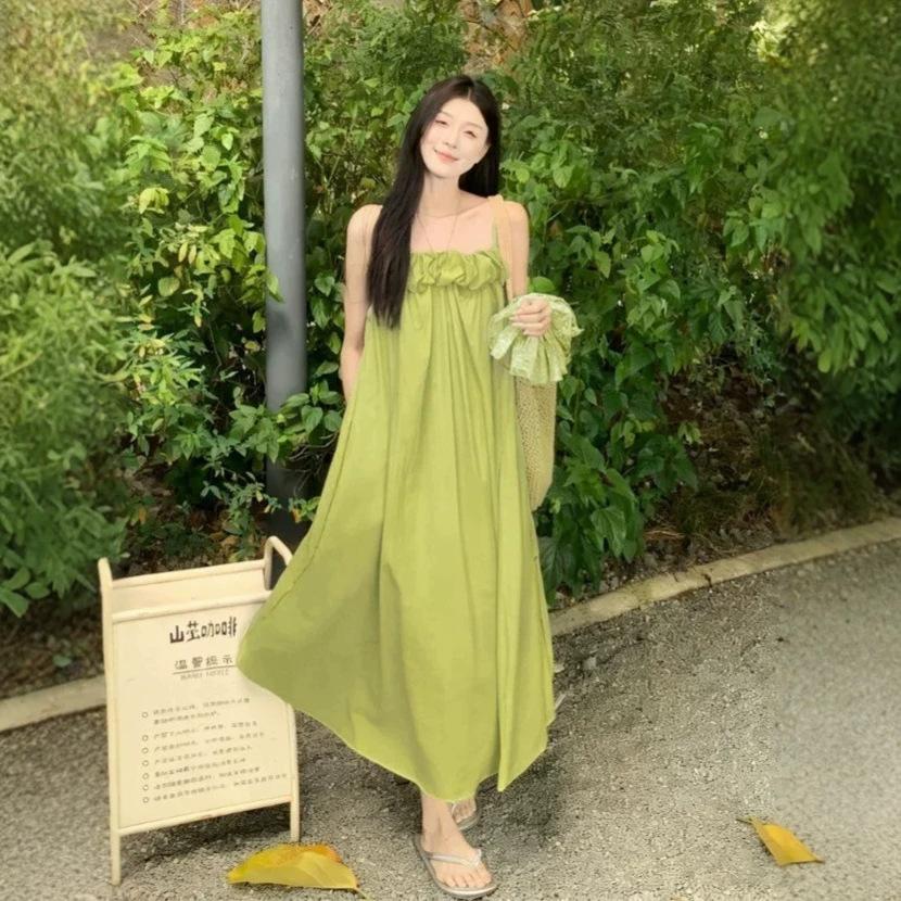 Seaside holiday wind one-word shoulder suspender dress women's summer new loose fresh lazy green dress