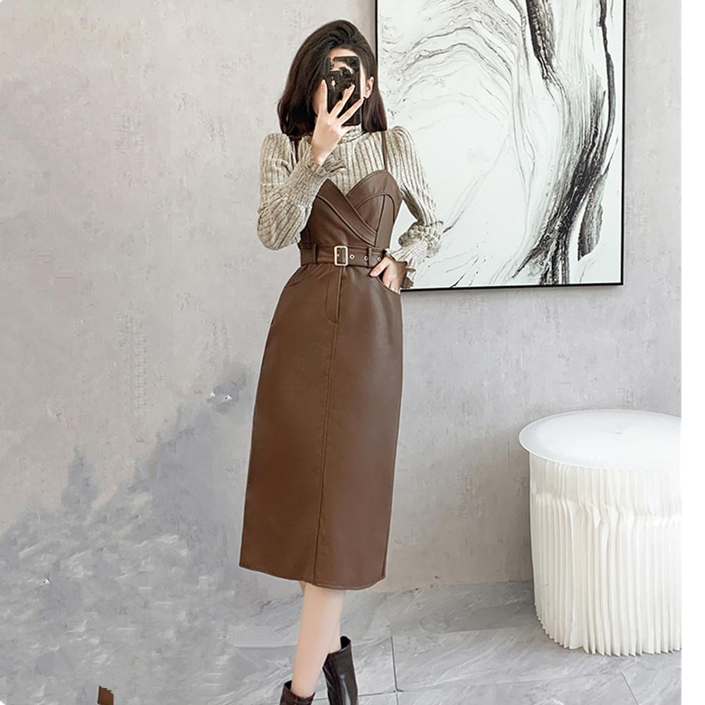 Streetwear PU šaty 2dílná sada Dámské outfity Neformální rolák Košile s rukávy a koženými šaty bez ramínek Dámské