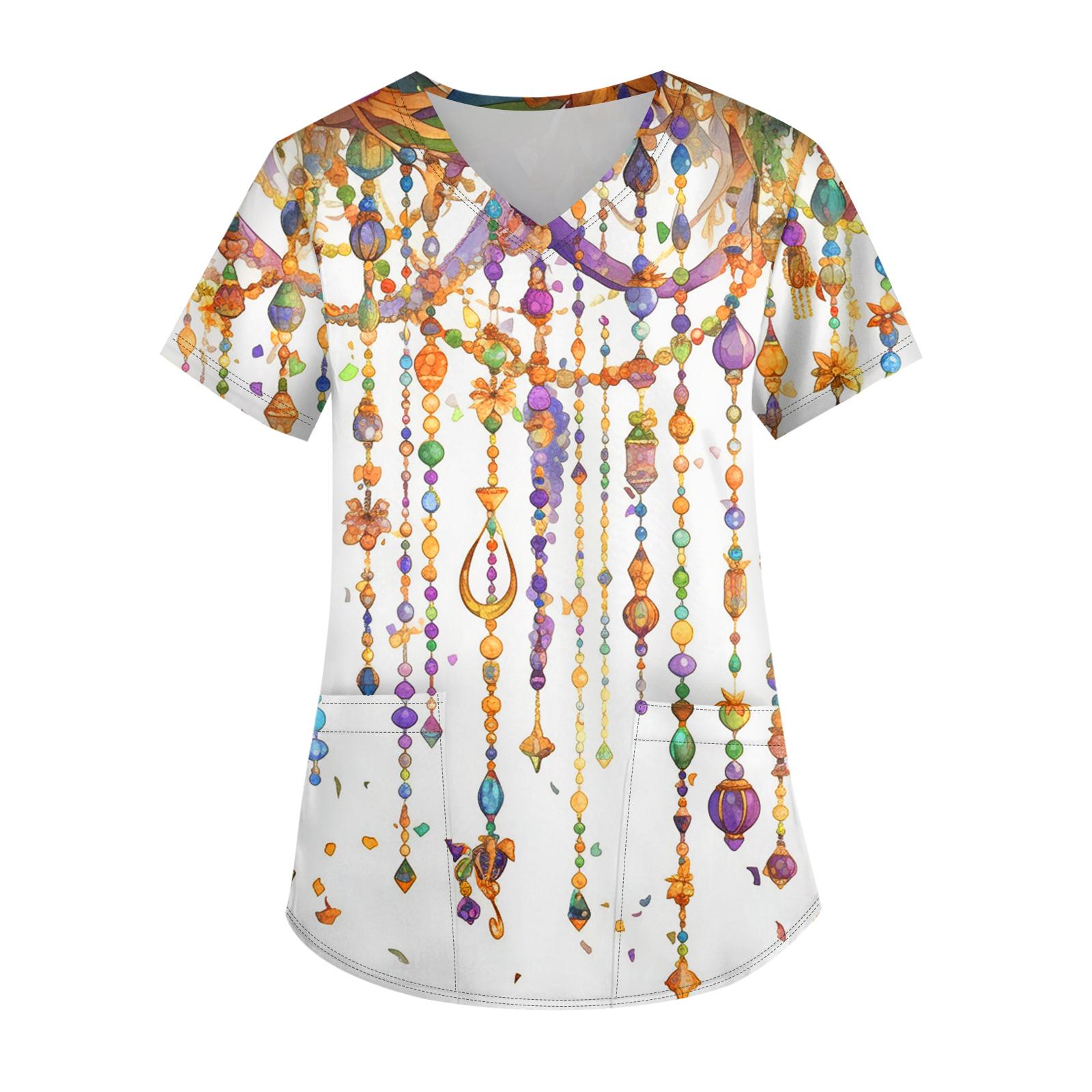 

Ladies Carnival Printed Fashion V-neck Pocket Short Sleeved Nurse s Wear And Worker s Top L