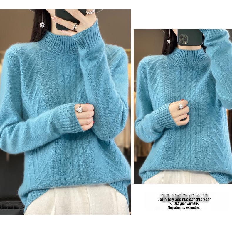 Women's High-Neck Wool Sweater: Autumn/Winter Loose Fit Cable Knit Base Layer, Thickened and Stylish.