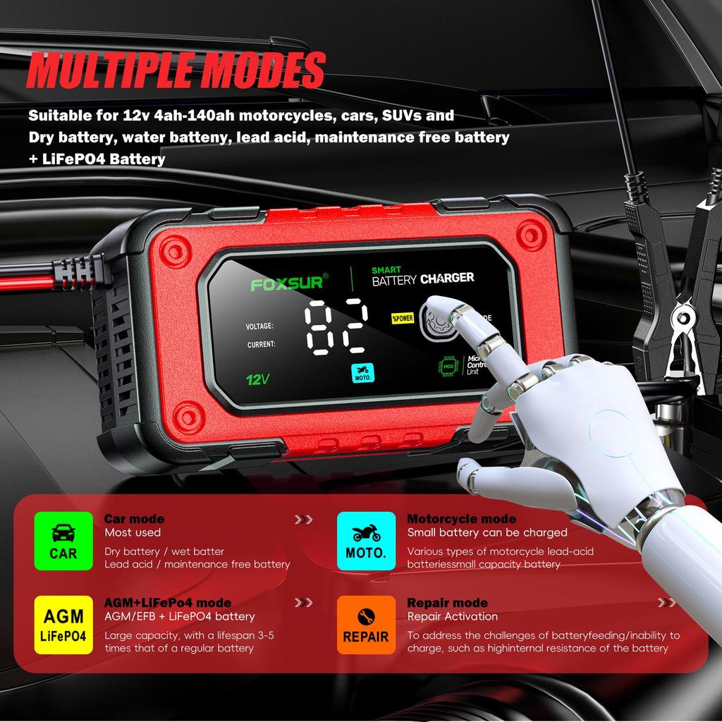 FOXSUR 12V 7A Charger for Lead-Acid & Lithium Iron Phosphate Batteries with Large Color Screen