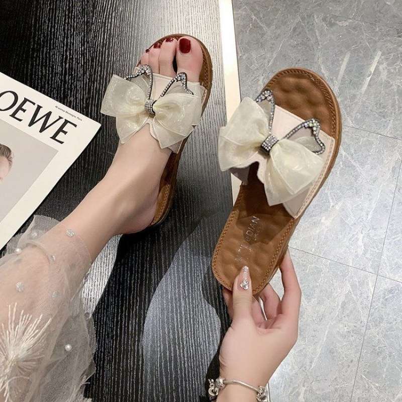 2025 New Korean Version of Versatile Soft-soled Slippers Women's Summer Bow Flat-bottomed Fashion Pregnant Women Wear Cool Slippers