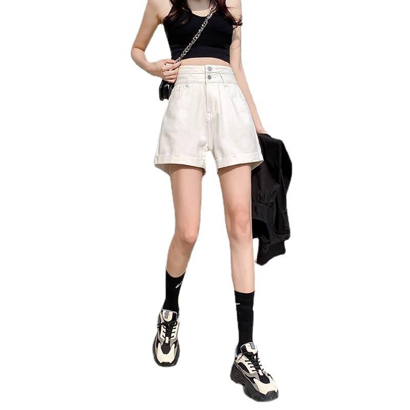 Wygodne Obcisłe Modne i Wszechstronne Białe Jeansowe Szorty z Bardzo Wysokim Stanem Damskie Letnie Podwójna Klamra Podwinięty Brzeg Luźne Szerokie Nogawki Spodnie o Kroju A
