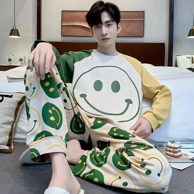 Spring and Autumn Men's New Pajamas Homewear Suit Teenage Sports Long-Sleeved Loose Leisure Large Size Pajamas Homewear Suit